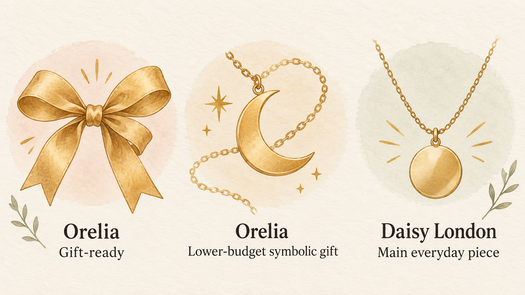 Visually contrast the two gift roles stated in the section: Orelia as a gift-ready symbolic present and Daisy London as a main everyday piece.
