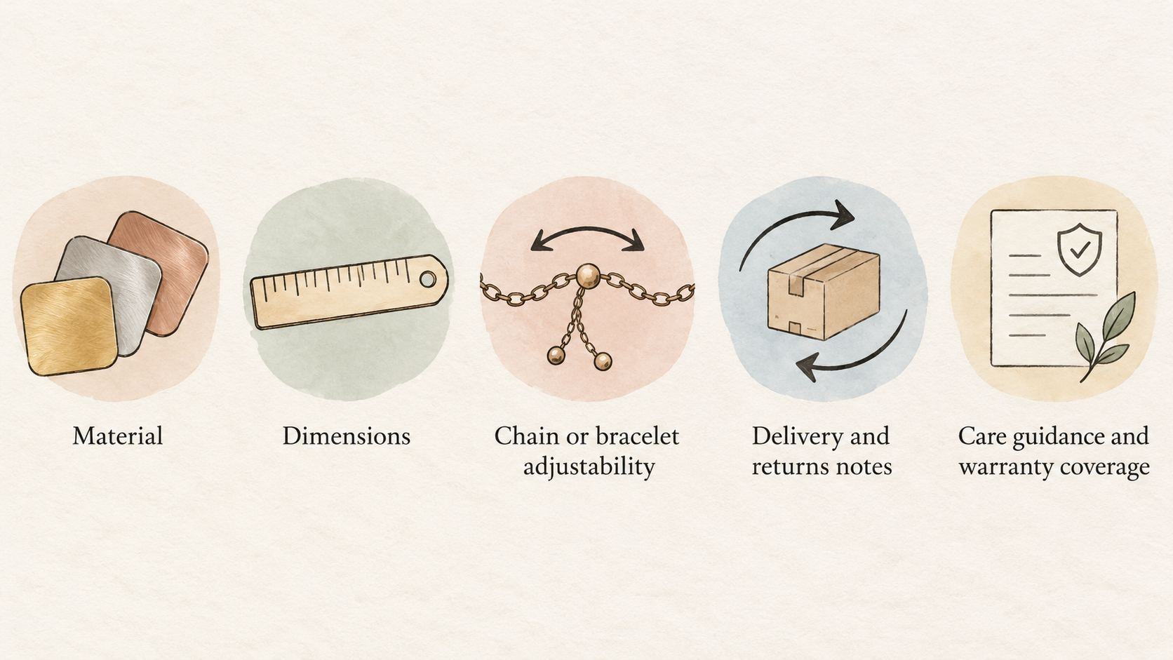 Show one horizontal row of five simple icons labeled: Material; Dimensions; Chain or bracelet adjustability; Price; Delivery and returns.