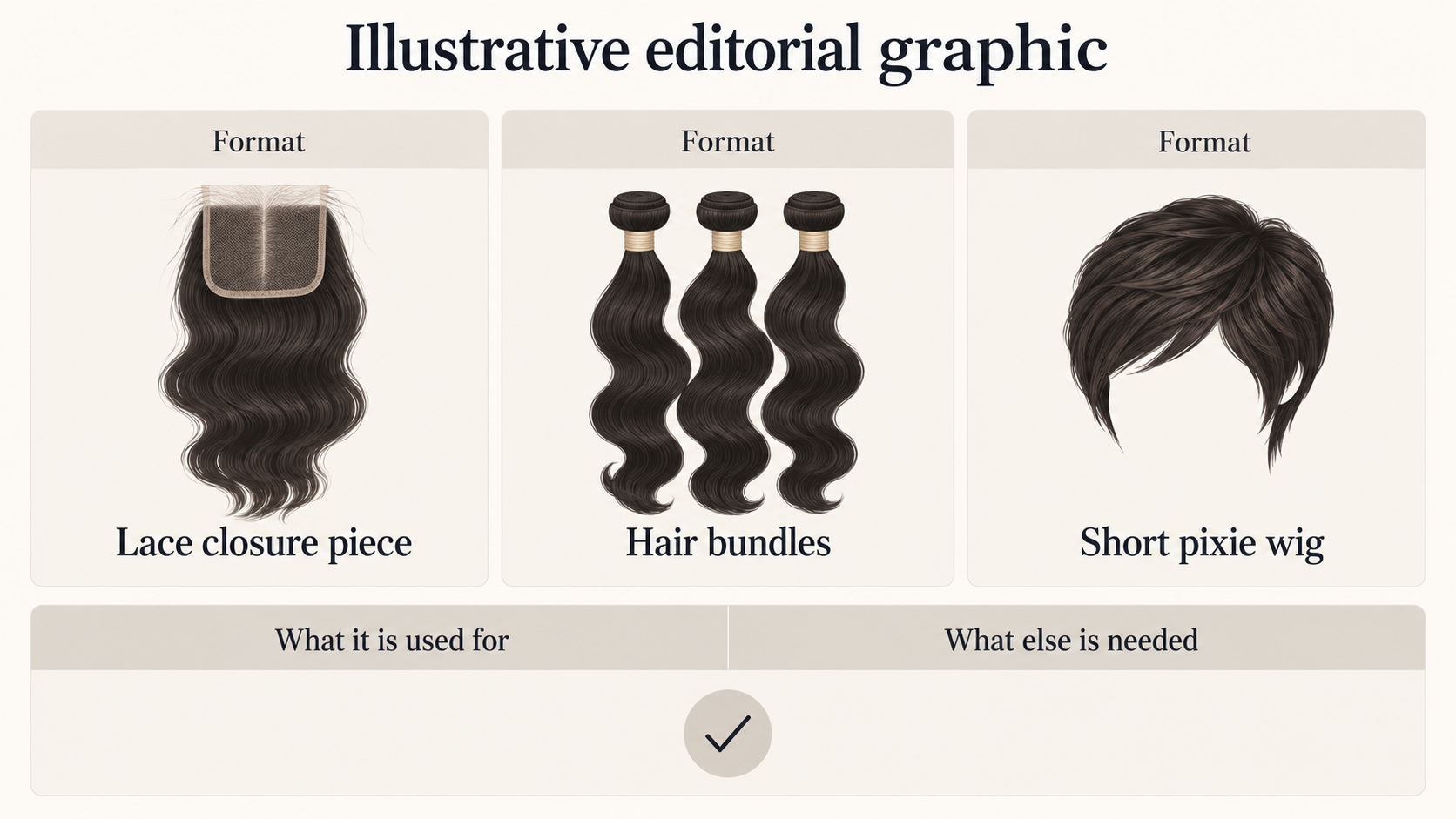 Help readers choose between a lace closure, hair bundles and a pixie cut wig by comparing the format, typical use and effort of each