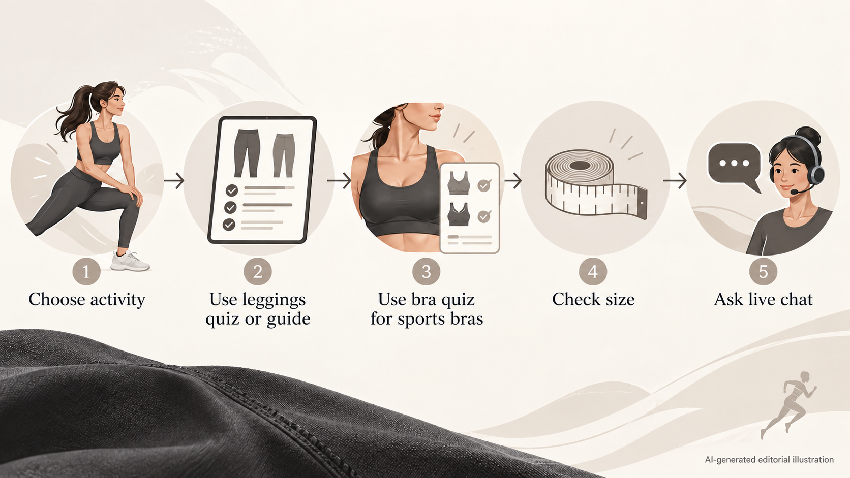 Give readers a simple step-by-step visual for using the merchant's leggings guide, quizzes, bra quiz and live chat before buying