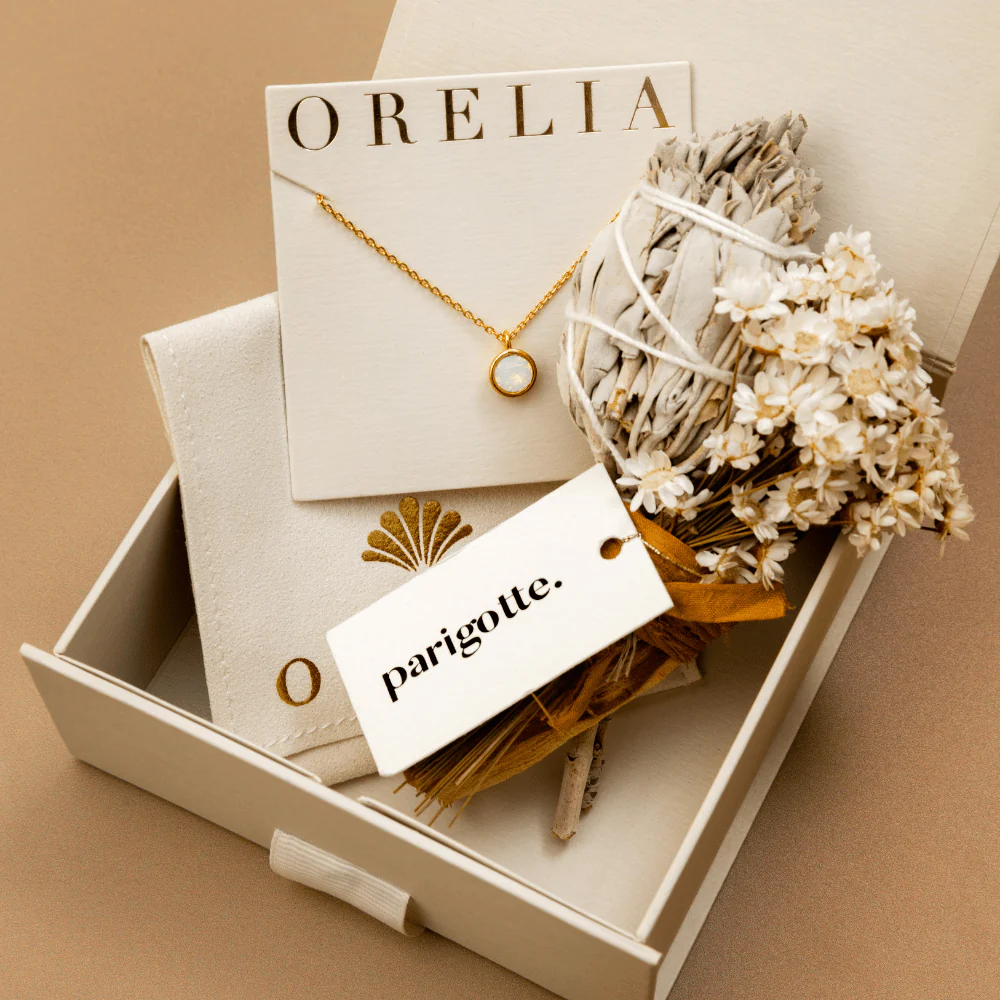 Orelia White Opal necklace and Palo Santo gift box